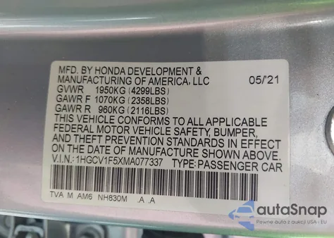 2021 Honda Accord Ex-L from USA, damaged, VIN 1HGCV1F5XMA077337